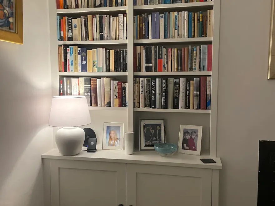 White alcove bookcase filled with books above shaker cupboards