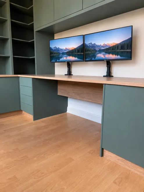 Green home office desk with twin monitors on arms and a drawer pedestal
