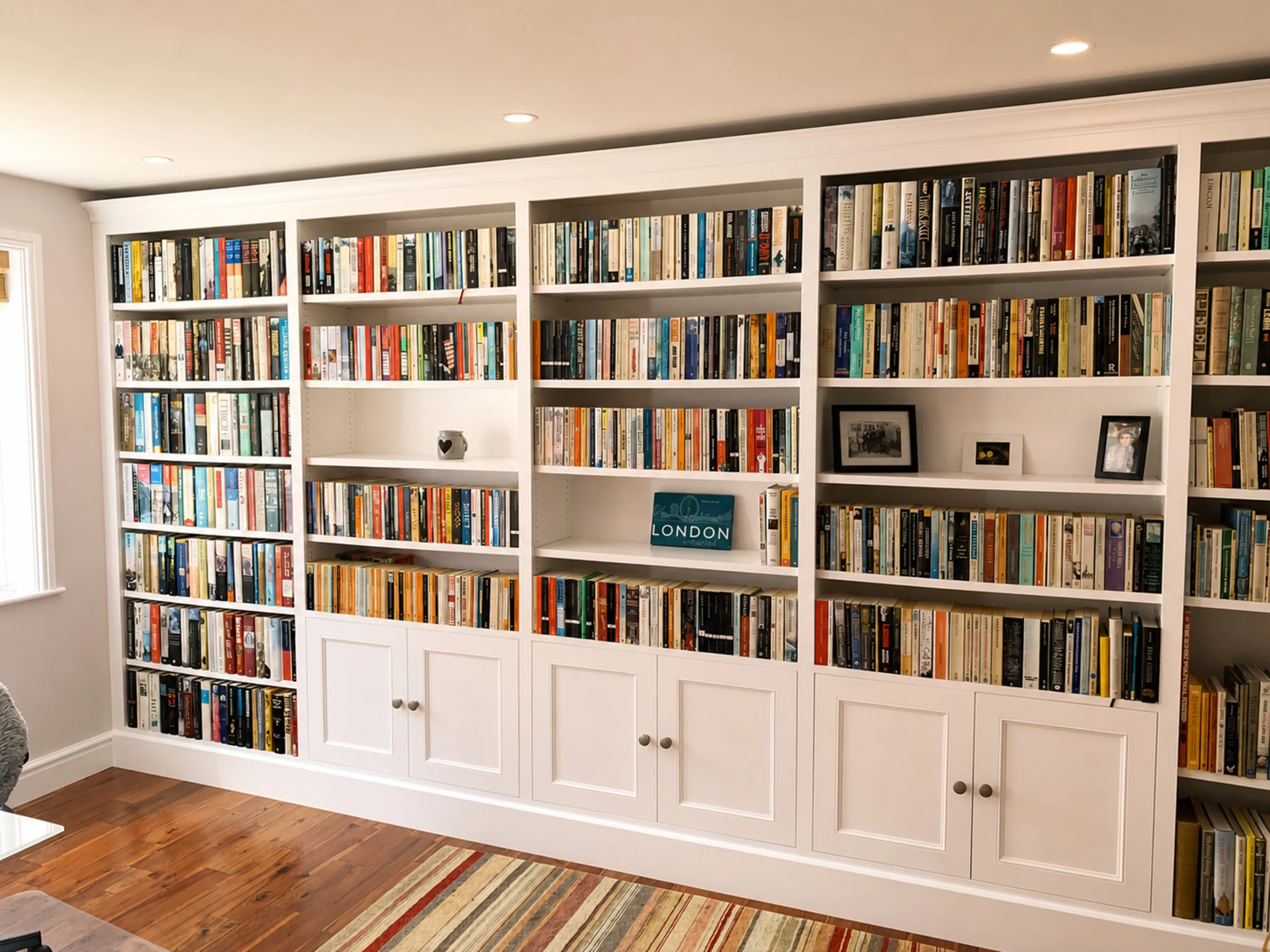 Floor-to-ceiling white fitted bookcase with shaker cupboards along a living room wall