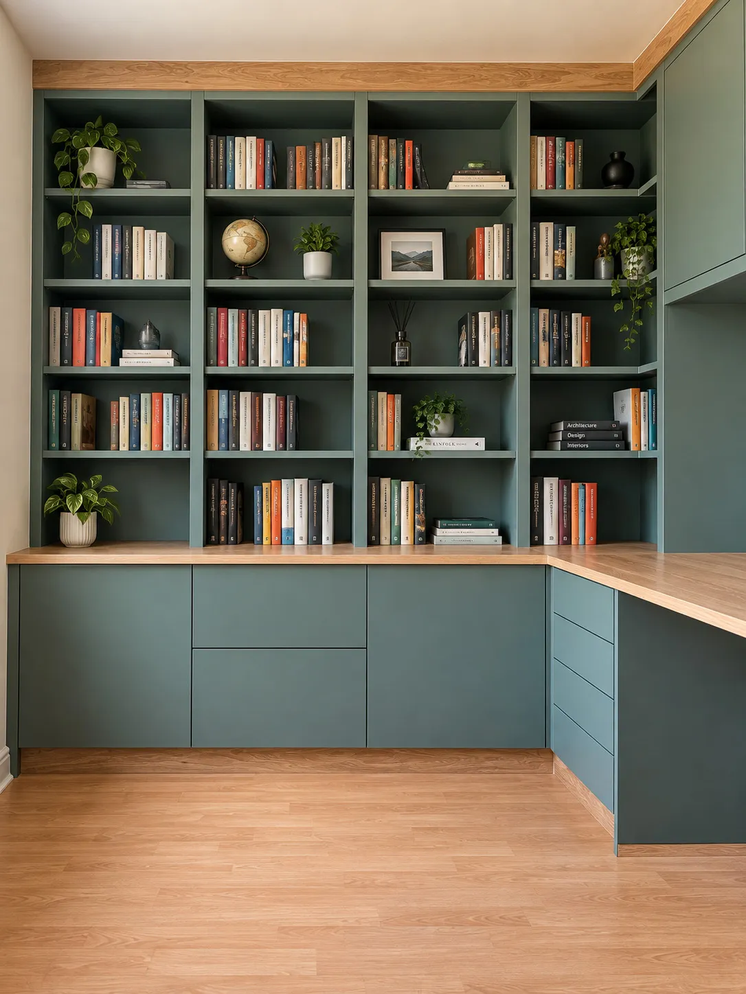 Green fitted bookshelves and handleless cupboards with an oak corner desk