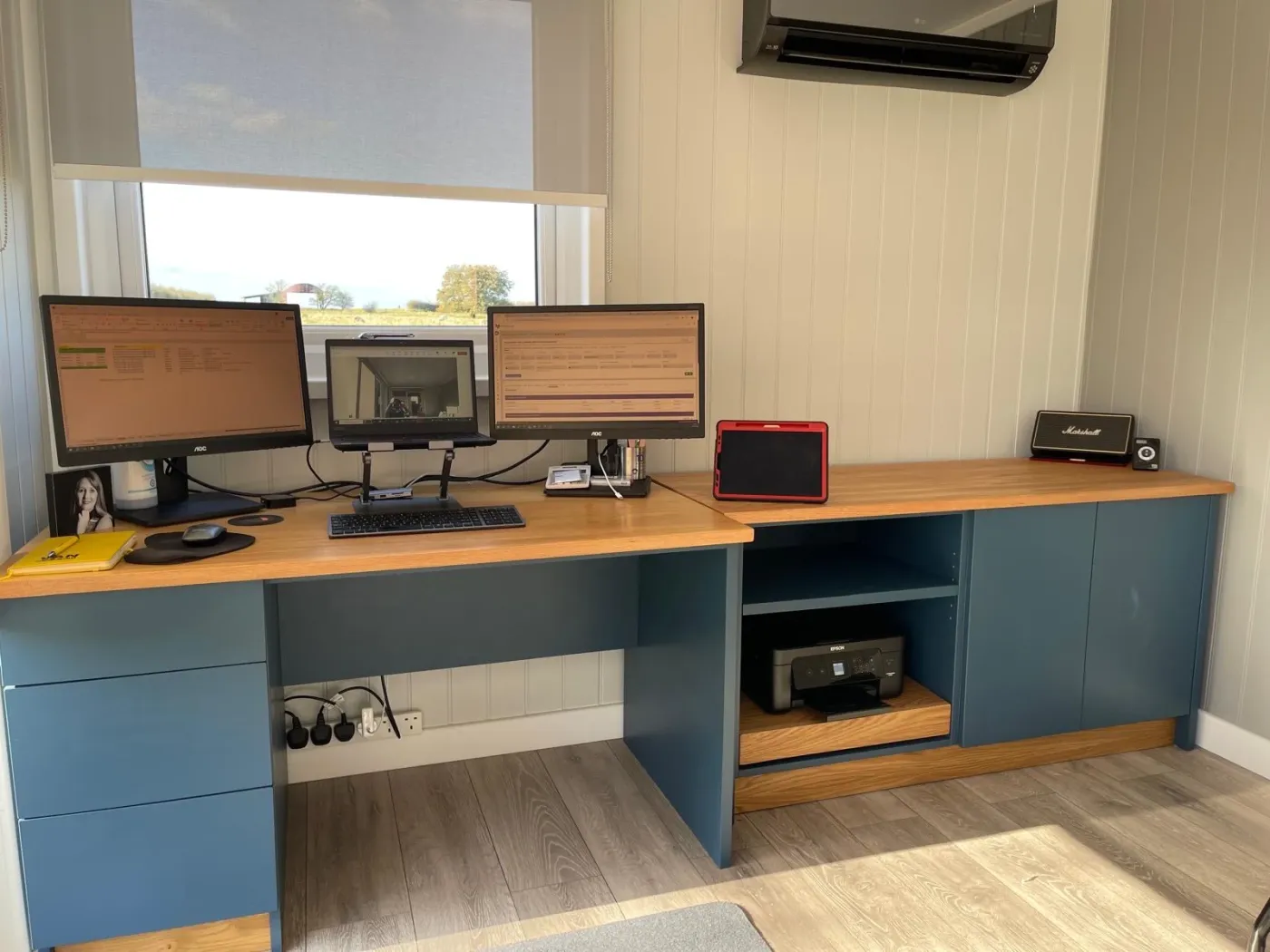 Blue home office desk with an oak top, drawers and a printer cupboard